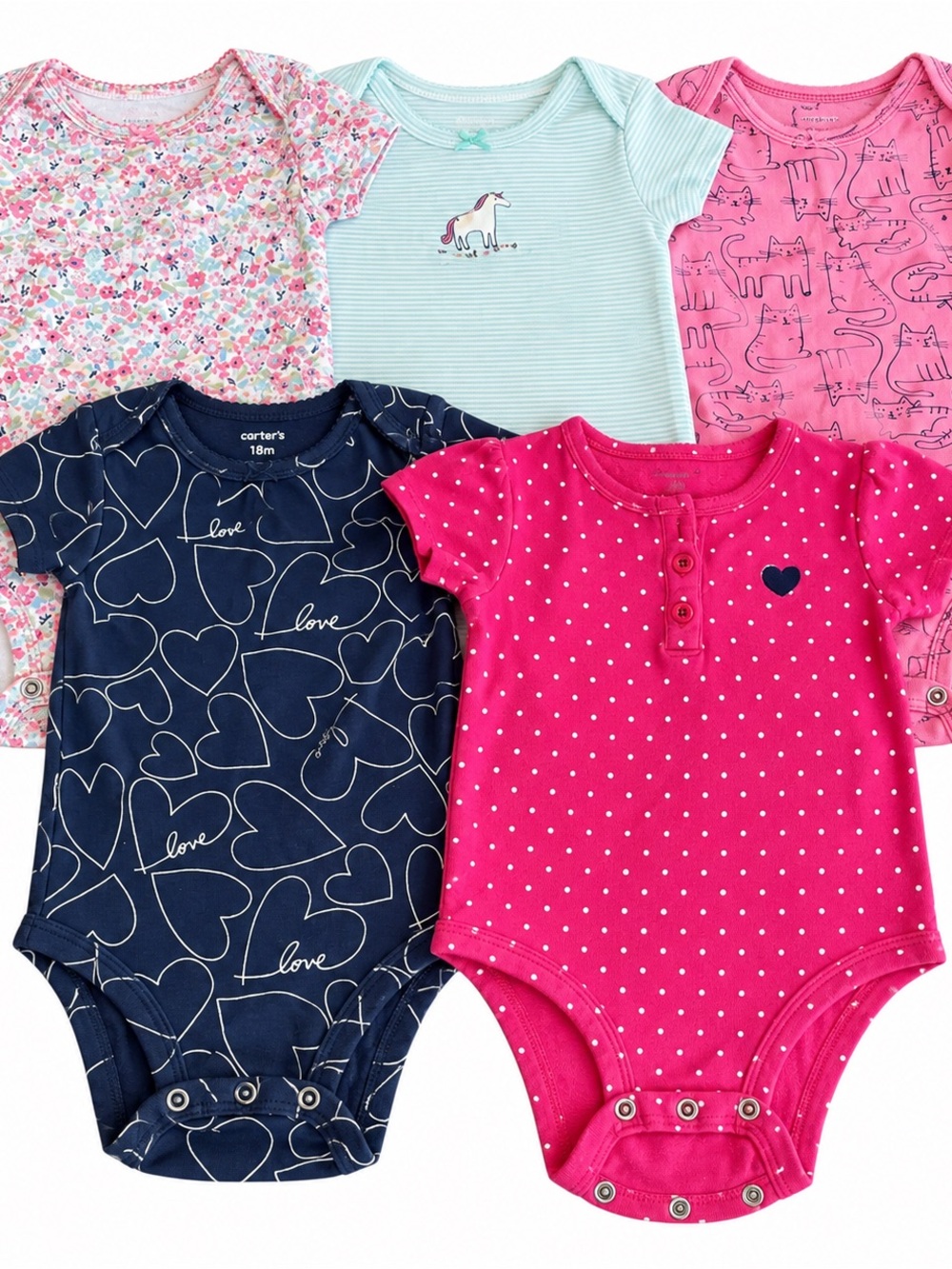 Carter's Girls Cotton Short-Sleeve One-Piece Bodysuit - Pink & Navy Pack